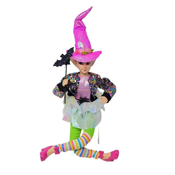 19" Fabric Pink Halloween Positionable Girl Elf  with Spider Witch Hat Wreath At - Picture 3 of 4
